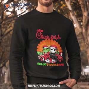 santa grinch and jack skellington chick fil a happy hallothanksmas 2023 shirt sweatshirt