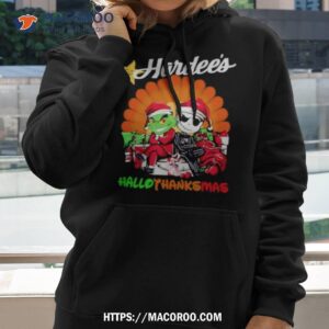 santa grinch and jack skellington hardee s happy hallothanksmas 2023 shirt hoodie 2