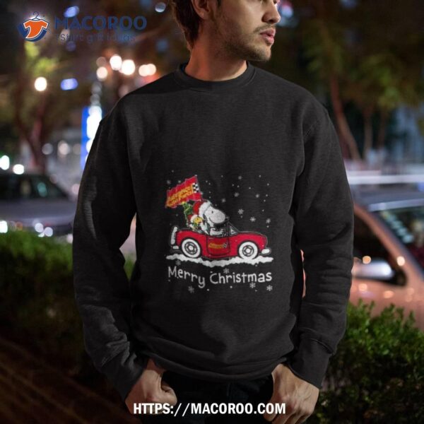 Santa Snoopy And Woodstock Driving Car Advance Auto Parts Merry Christmas Shirt