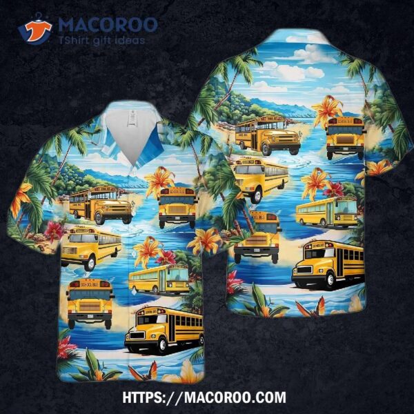 School Bus Summer Tropical Leaves Beach Hawaiian Shirt