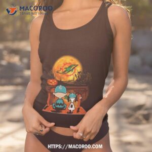 Snoopy And Charlie Brown Miami Dolphins Sitting Under Moon Halloween 2023 T Shirt