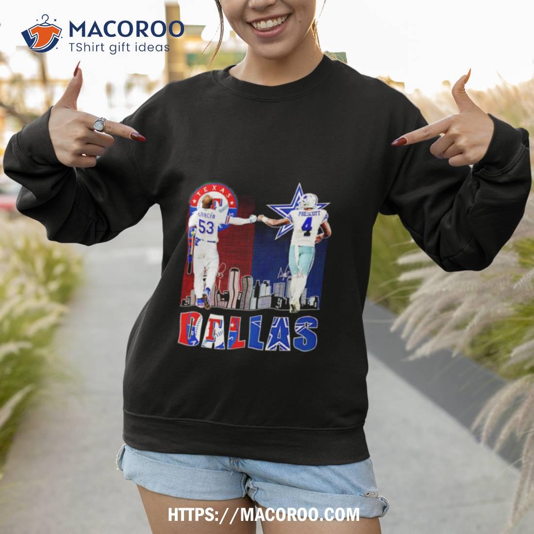 Texas City Skyline Adolis Garcia Texas Rangers And Prescott Dallas Cowboys 2023 Signatures Shirt Texas City Skyline Adolis Garcia Texas Rangers And Prescott Dallas Cowboys 2023 Signatures Shirt