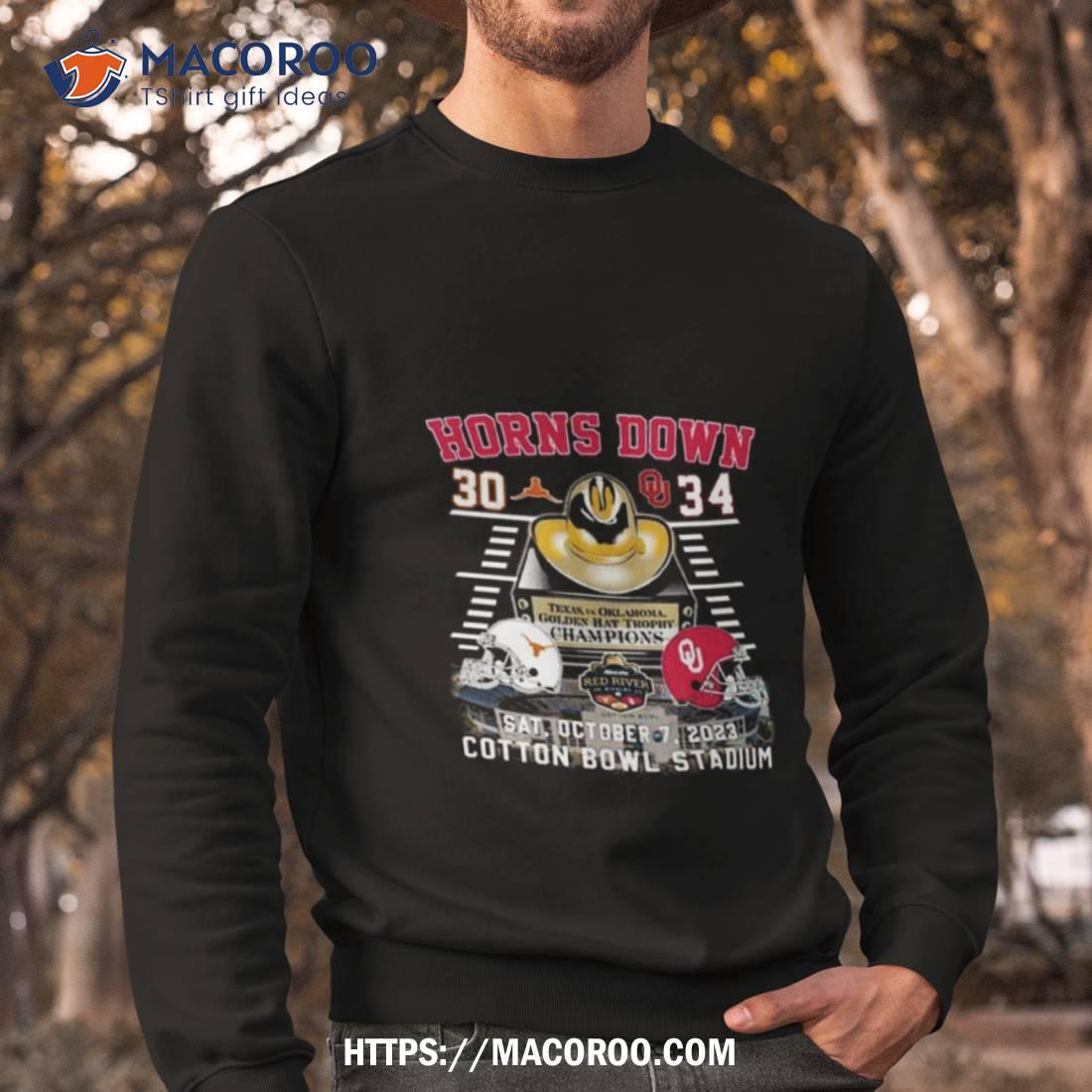 Texas Longhorns Vs Oklahoma Sooners 2023 Horns Down 30 34 Cotton Bowl Stadium T Shirt Texas Longhorns Vs Oklahoma Sooners 2023 Horns Down 30 34 Cotton Bowl Stadium T Shirt