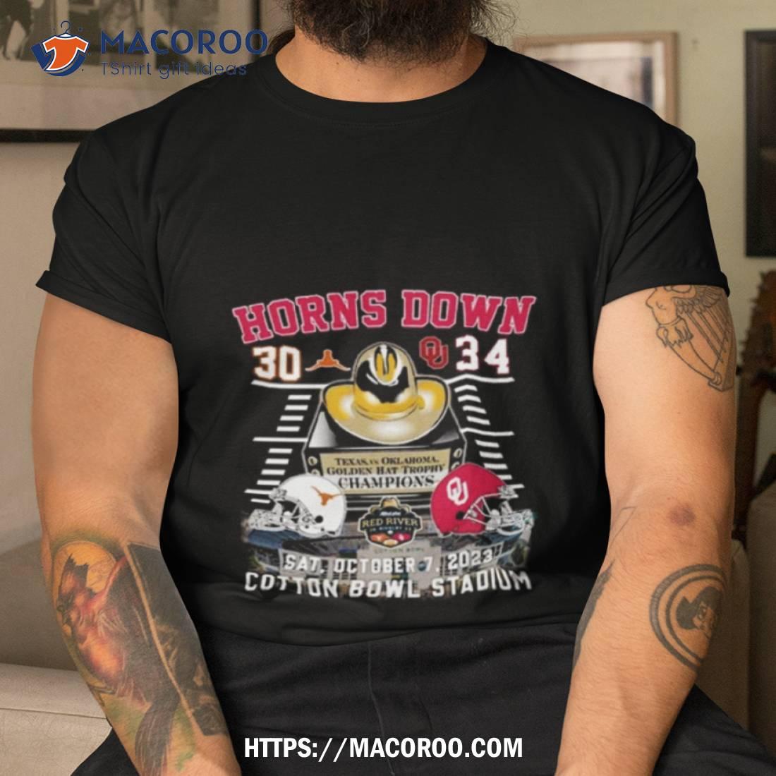 Texas Longhorns Vs Oklahoma Sooners 2023 Horns Down 30 34 Cotton Bowl Stadium T Shirt Texas Longhorns Vs Oklahoma Sooners 2023 Horns Down 30 34 Cotton Bowl Stadium T Shirt