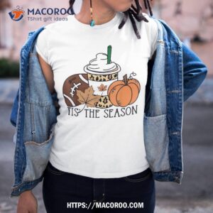 Tis The Season Pumpkin Leaf Latte Fall Thanksgiving Football Shirt