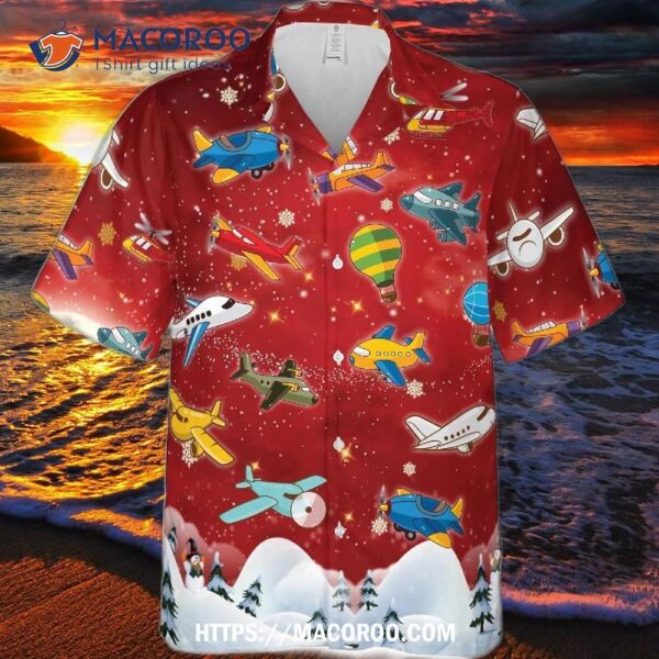 Red Christmas Airplane Cartoon  Hawaiian Shirt