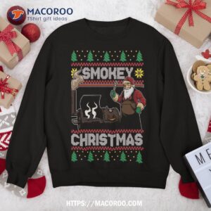 bbq santa grilling roast on smoker ugly smokey christmas sweatshirt sweatshirt