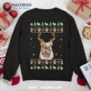 Bulldog With Antlers In An Ugly Christmas Sweatshirt