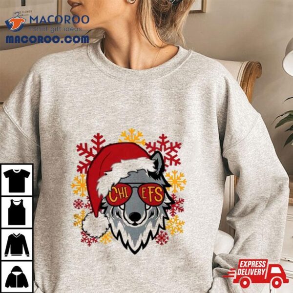 Christmas Wolf Santa Hat Football Kansas City Chiefs T Shirt