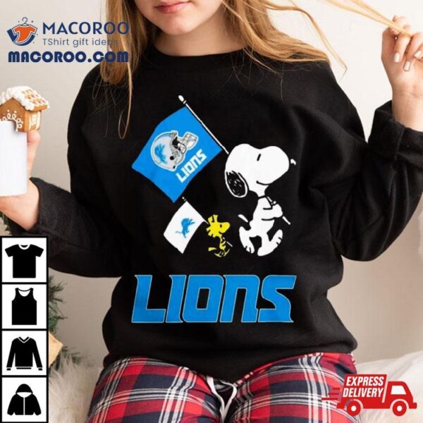 Detroit Lions Flag Helmet Snoopy And Woodstock Tshirt