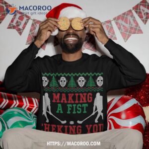 making a fist checking you twice hockey sport ugly christmas sweatshirt sweatshirt 3