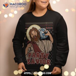 party savior jesus christ santa beer ugly christmas sweater sweatshirt sweatshirt 2