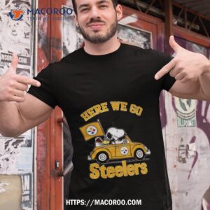 Snoopy And Woodstocks Driving Car Here We Go Pittsburgh Steelers Tshirt 1