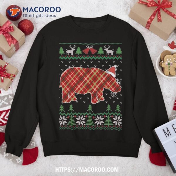 Ugly Christmas Pajama Plaid Hippo Santa Hat Sweatshirt