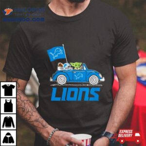 Baby Yoda Drive A Car Detroit Lions Football Flag Logo Tshirt