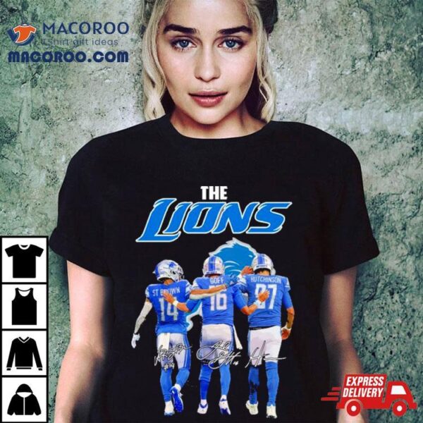 Detroit Lions 14 St Brown, 16 Goff And 97 Hutchinson Signatures Shirt