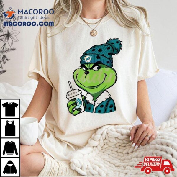 Grinch Drink Coffee Leopard Miami Dolphins Logo T Shirt