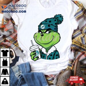 Grinch Drink Coffee Leopard Miami Dolphins Logo Tshirt