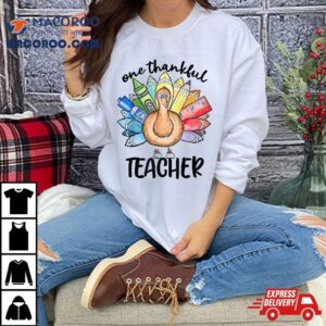 One Thankful Teacher Thanksgiving Turkey Cute Crayon Pencil Tshirt