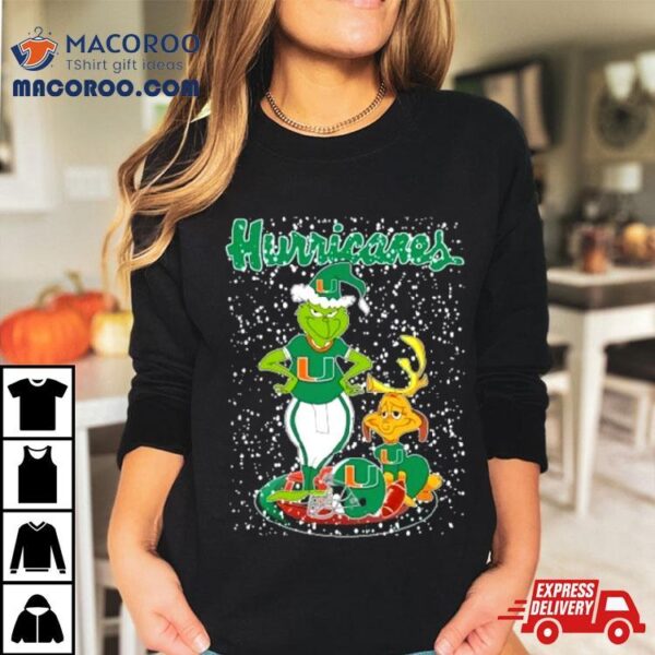 Santa Grinch And Dog Miami Hurricanes Helmet Merry Christmas Shirt