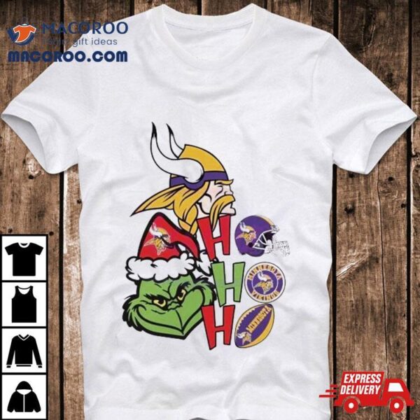 Santa Grinch Head Ho Ho Ho Minnesota Vikings Logo Shirt