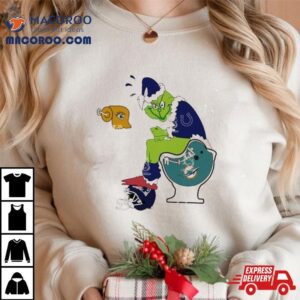 Santa Grinch Indianapolis Colts Shit On Miami Dolphins Toilet And New England Patriots Helmet Christmas Tshirt