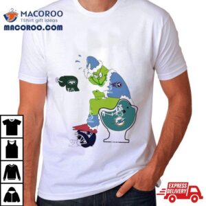 Santa Grinch Tennessee Titans Shit On Miami Dolphins Toilet And New England Patriots Helmet Christmas Tshirt