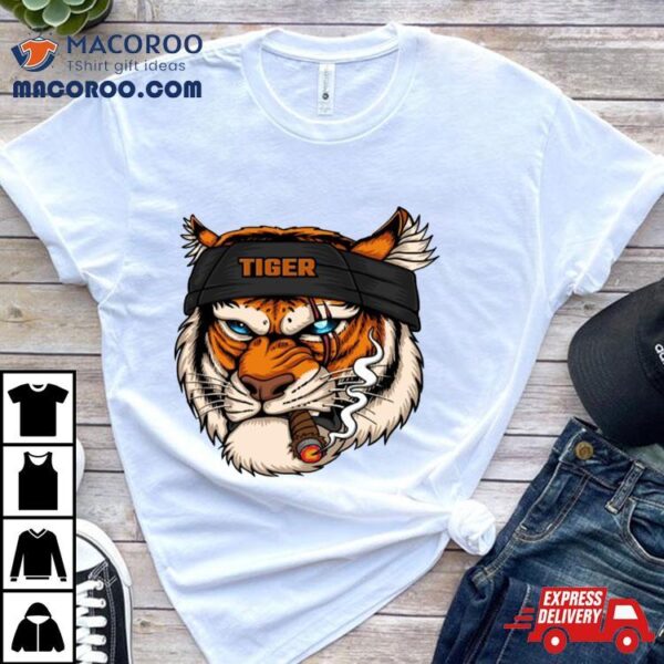 Tiger Head Wearing Bandana While Smoking Shirt