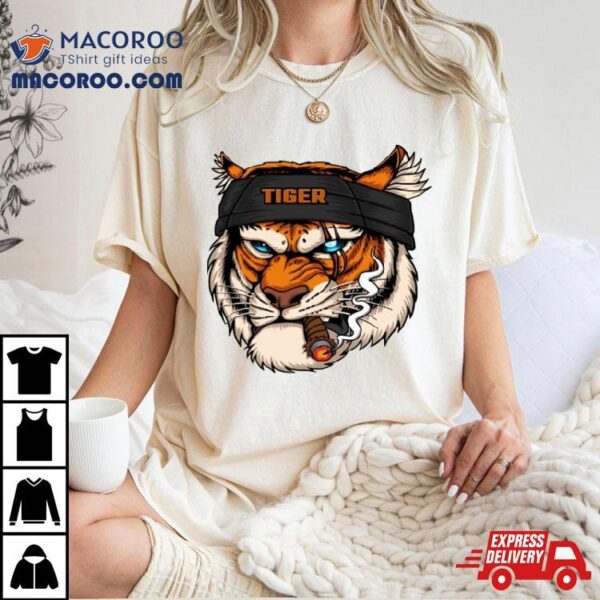 Tiger Head Wearing Bandana While Smoking Shirt