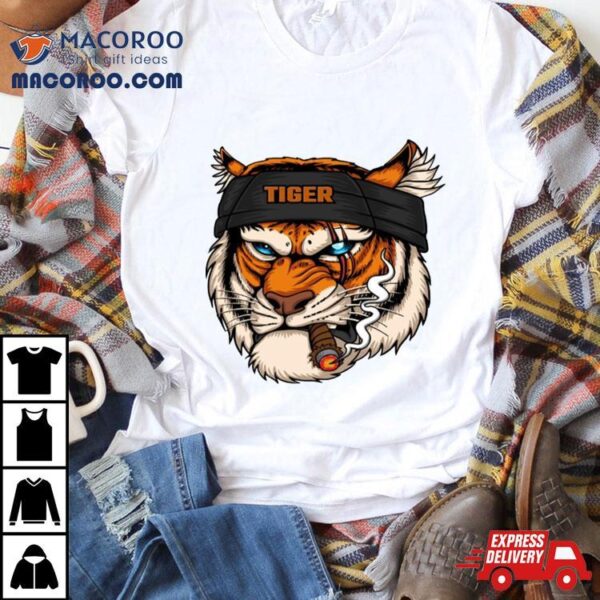 Tiger Head Wearing Bandana While Smoking Shirt