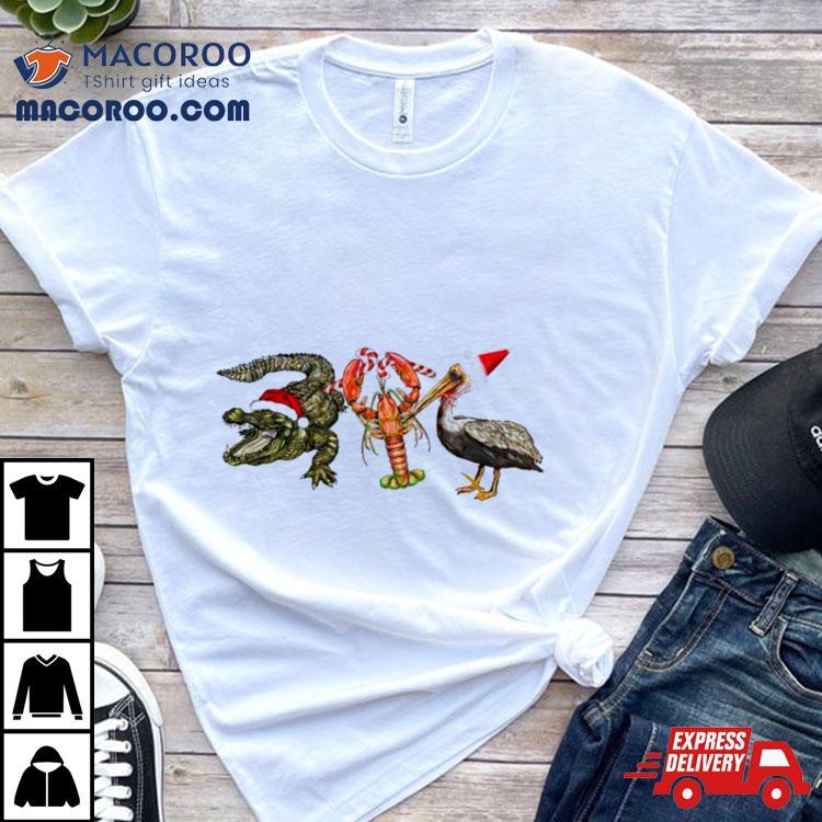 Alligator Shrimp Pelican Santa Tshirt 