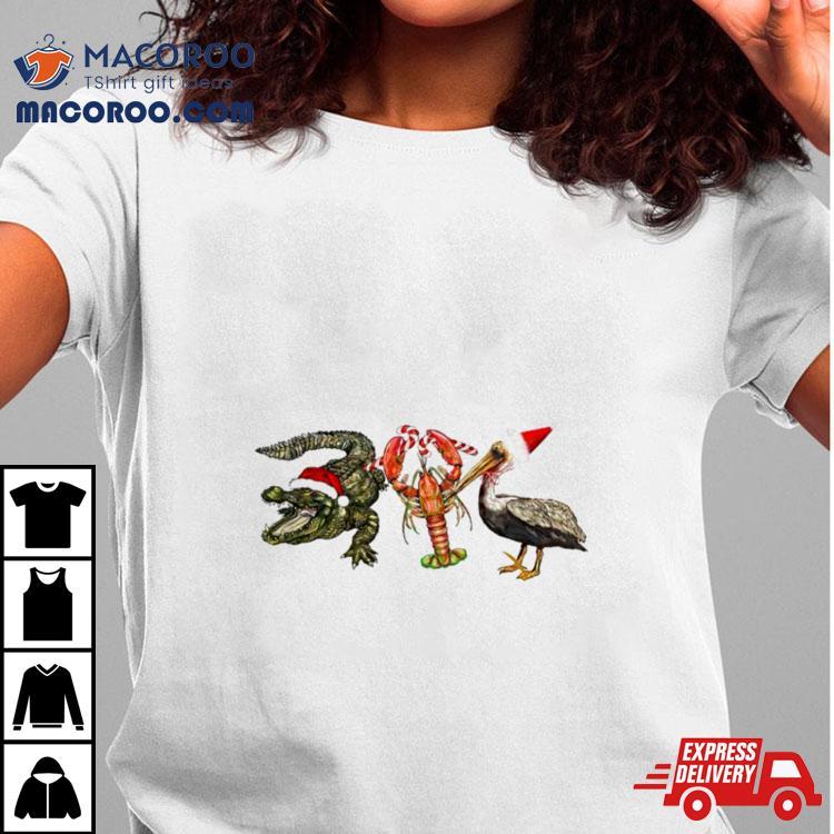 Alligator Shrimp Pelican Santa Tshirt 