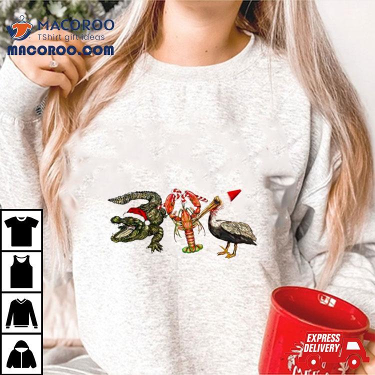 Alligator Shrimp Pelican Santa Tshirt 