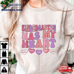 Kindergarten Has My Heart Groovy Valentines Day Teacher Shirt