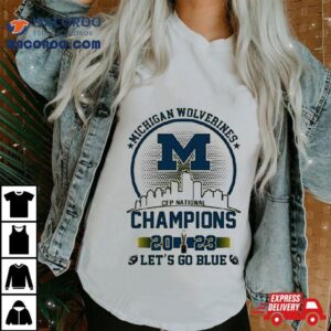 Michigan Wolverines 2023 Champions Let’s Go Blue Gold Logo Skyline T Shirt