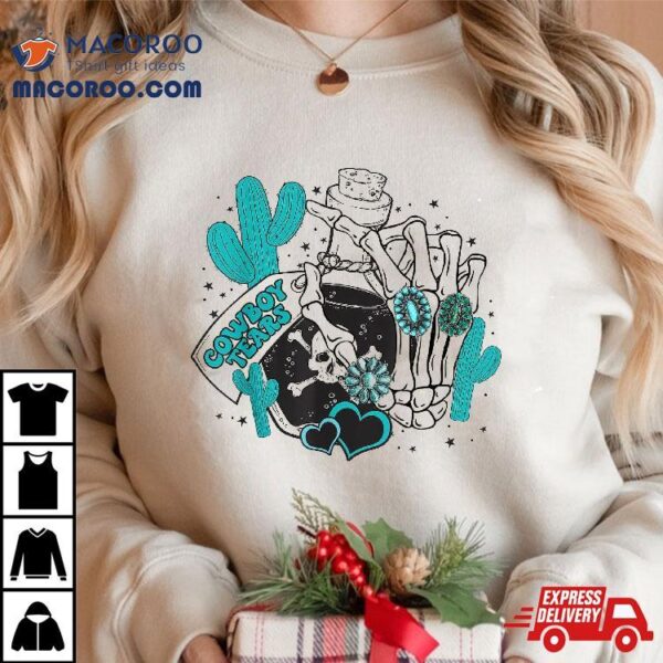 Tears Of A Cowboy Valentine Western Turquoise Skeleton Hand Shirt