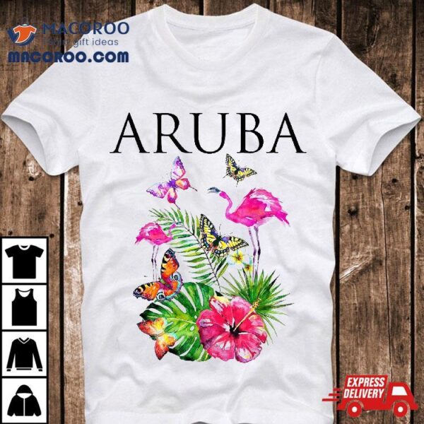 Aruba Flowers Paradise Butterflies Hawaii Print Shirt