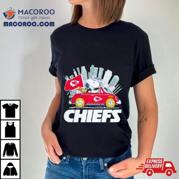 Snoopy And Woodstock Driving Car Kansas City Chiefs On Skyline 2024 T Shirt