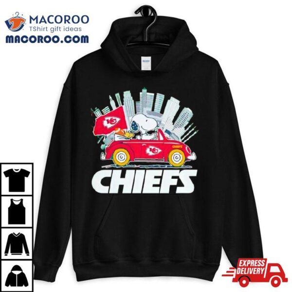 Snoopy And Woodstock Driving Car Kansas City Chiefs On Skyline 2024 T Shirt