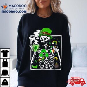 St. Patricks Day Skeleton Shamrock Skull Drinking Coffee Latte Long T Shirt