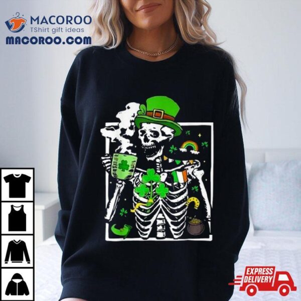 St. Patricks Day Skeleton Shamrock Skull Drinking Coffee Latte Long T Shirt