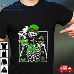 St. Patricks Day Skeleton Shamrock Skull Drinking Coffee Latte Long T Shirt