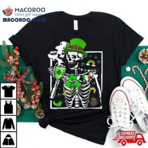 St Patricks Day Skeleton Shamrock Skull Drinking Coffee Latte Long Tshirt