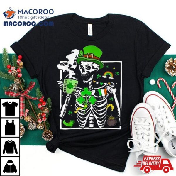 St. Patricks Day Skeleton Shamrock Skull Drinking Coffee Latte Long T Shirt