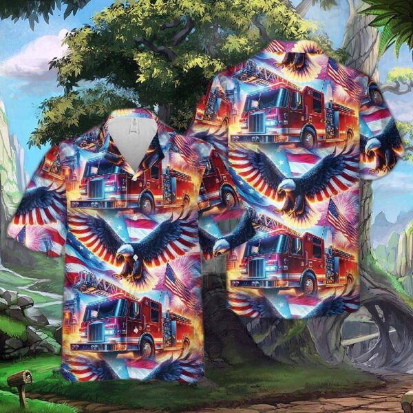 Fire Truck Patriot Eagle 4th Of July Hawaiian Shirt