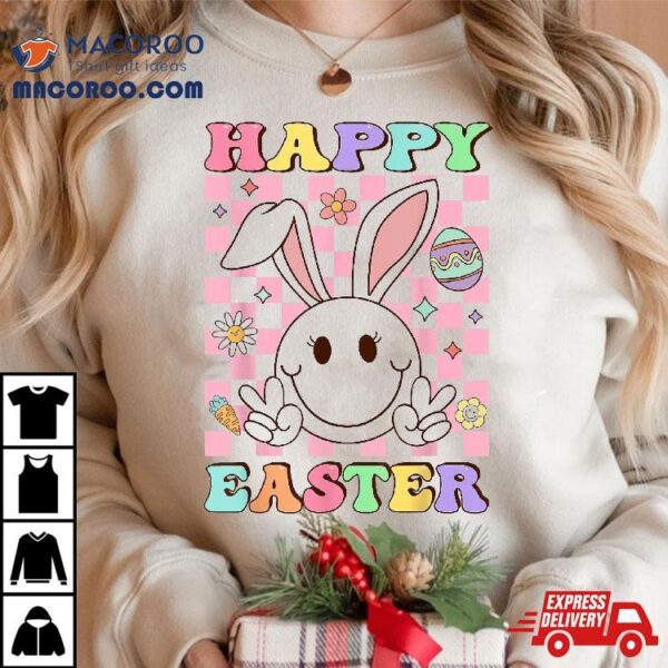 Happy Easter Shirts For Girls Groovy Hippie Face Bunny Shirt