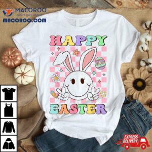 Happy Easter Shirts For Girls Groovy Hippie Face Bunny Shirt