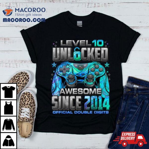 Level 10 Unlocked Awesome Since 2014 10th Birthday Gaming T Shirt