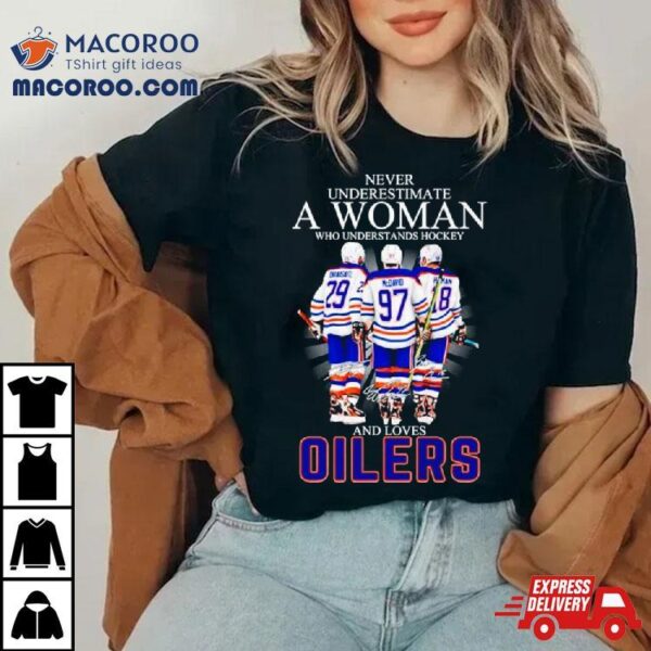 Never Underestimate A Woman Who Understands Hockey And Loves Oilers Signatures Shirt