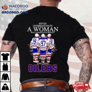 Never Underestimate A Woman Who Understands Hockey And Loves Oilers Signatures Tshirt